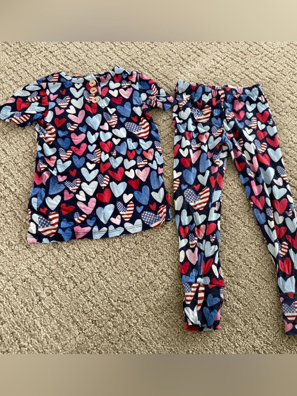 Posh Peanut Navy Heart Print Leggings Set with Red, Pink & Light Blue Hearts